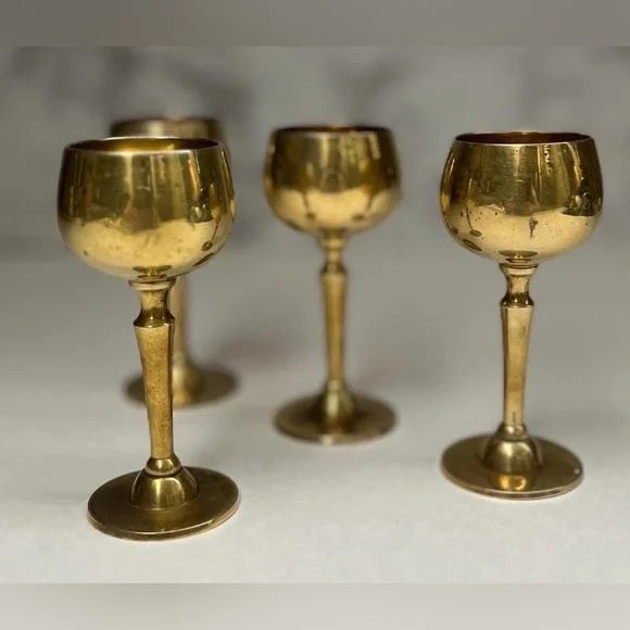 Vintage Solid Brass Wine Goblet Set of 4, Retro Barware - Picture 2 of 7